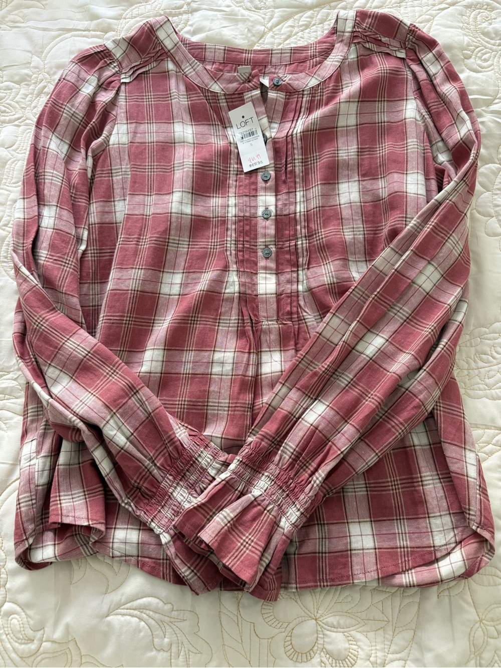 LOFT Women’s Pink Plaid Long-Sleeve NWT Top